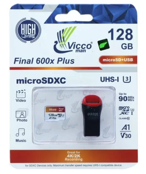 کارت حافظه ۱۲۸ گیگ ویکومن Vicco Man Final 600x Plus U3 90MB/s بدون خشاب و رم ریدر