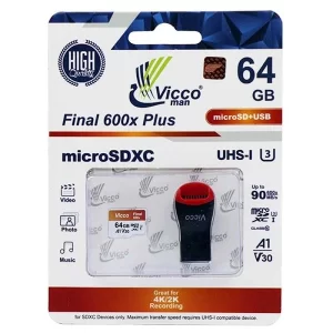 کارت حافظه میکرو ۶۴ گیگ ویکومن Vicco Man Final 600x Plus U3 90MB/s + رم ریدر