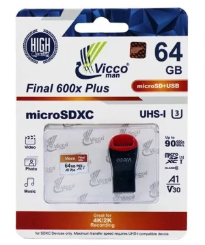 کارت حافظه میکرو ۶۴ گیگ ویکومن Vicco Man Final 600x Plus U3 90MB/s + رم ریدر